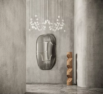 Contemporary Silver Irregular Wall Decor On Concrete Wall With Hanging Pendant Lights And Wooden Decor 3d model