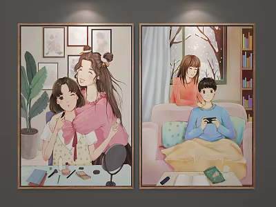 Character Paintings Featuring Girls Hugging Green Plant Mirror And Girl Boy On Sofa Bookshelf Window 3d model