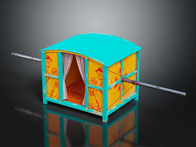 Traditional Palanquin Model With Blue Roof Yellow Body And Red Patterns And Wooden Carrying Poles 3d model