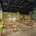 Natural Modern Restaurant Interior With Open Layout Wooden Tables Chairs Wall Art And Green Plants