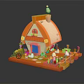 Charming Orange And White Small House Featuring Pointed Roof Chimney Pumpkin Decorations Snowmen And Cart