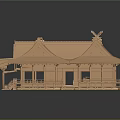 Cartoon Scene of Traditional Japanese Wooden Building With Curved Roofs Railings and Steps