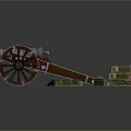 Vintage Cannon Weapon with Wooden Wheels and Ammunition Boxes on Dark Background