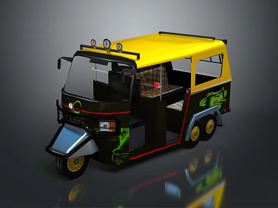 Tricycle Motorcycle With Yellow Roof Black Body Green Graphics Yellow Wheels Windshield And Top Lights 3d model