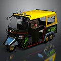 Tricycle Motorcycle With Yellow Roof Black Body Green Graphics Yellow Wheels Windshield And Top Lights