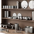 Elegant Stainless Steel Kitchen Cookware Displayed on Wooden Shelves with Plates Mugs and Pitcher