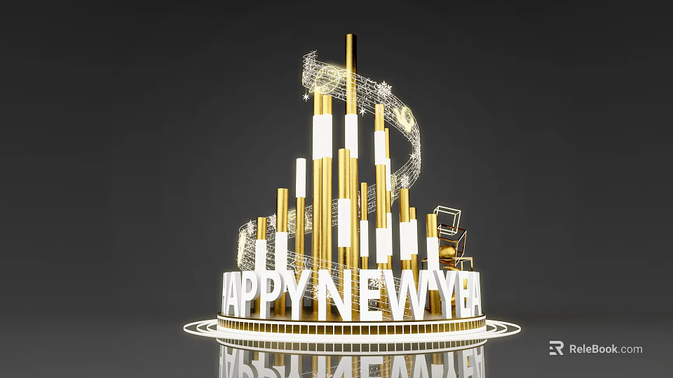 Happy New Year Festive Display With Golden Pillars And Spiral Decorations 3d model 