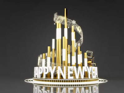 Happy New Year Festive Display With Golden Pillars And Spiral Decorations 3d model