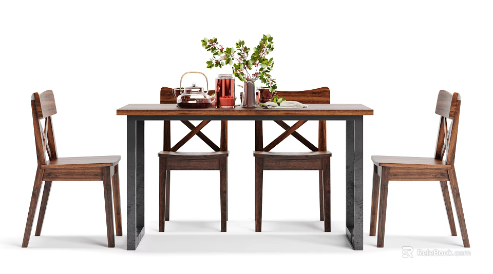 Wooden Dining Table Set With Metal Legs And Chairs Featuring Green Plant Teapot Decorations 3d model 