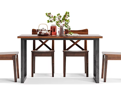 Wooden Dining Table Set With Metal Legs And Chairs Featuring Green Plant Teapot Decorations 3d model