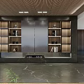 Modern Living Room With Wooden Ceiling Dark TV Wall Bookshelves Marble Floor And City View