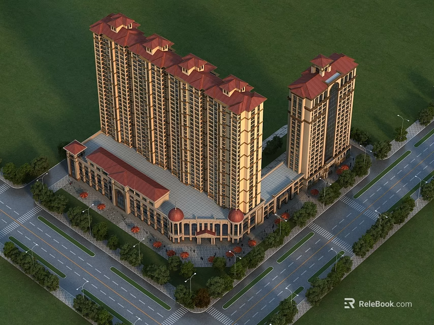 High Rise Residential Building with Red Roofs Surrounded by Green Lawns Trees and Roads 3d model 