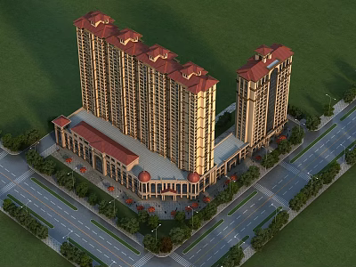 High Rise Residential Building with Red Roofs Surrounded by Green Lawns Trees and Roads 3d model