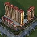 High Rise Residential Building with Red Roofs Surrounded by Green Lawns Trees and Roads
