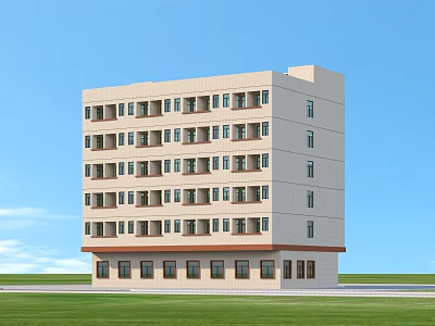 Multi Storey Residential Building With Light Exterior Dark Base Neat Windows Blue Sky Green Lawn 3d model