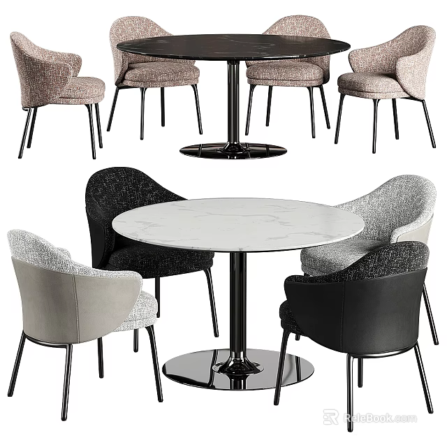 Modern Round Dining Table Set With Marble Top Black Base And Multi Colored Chairs 3d model