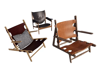 Stylish Leisure Chairs with Wooden Frame Leather Upholstery and Checkered Cushion in Various Colors 3d model