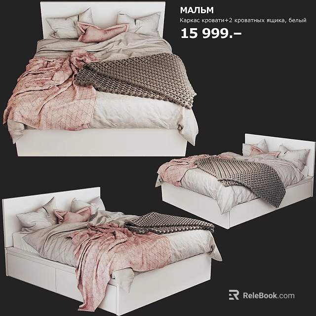 Modern Double Bed With Soft Pink And Gray Blankets And Decorative Pillows 3d model 