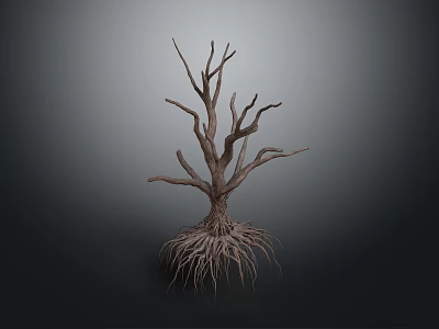 Withered Tree with Exposed Roots and Dry Branches on Dark Background 3d model