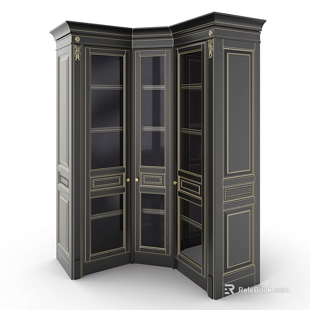 Luxury Black Corner Wardrobe With Glass Doors And Gold Accents Design 3d model 