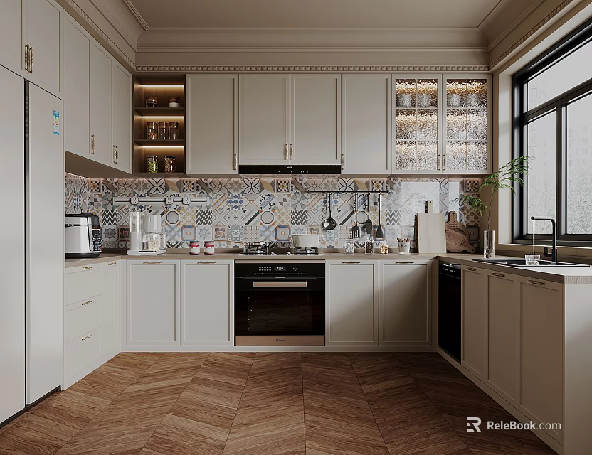 Modern Kitchen Interior With White Cabinets Wooden Flooring And Patterned Tile Backsplash 3d model 