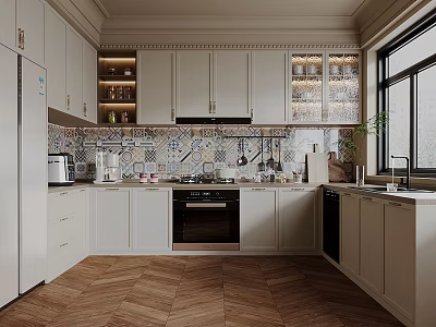 Modern Kitchen Interior With White Cabinets Wooden Flooring And Patterned Tile Backsplash 3d model