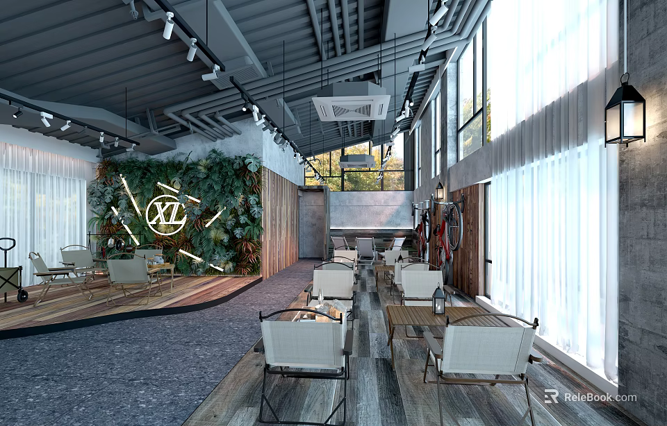 Modern Café Interior Design With Green Plant Wall Large Windows And Wooden Furniture 3d model 