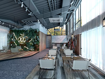 Modern Café Interior Design With Green Plant Wall Large Windows And Wooden Furniture 3d model