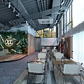 Modern Café Interior Design With Green Plant Wall Large Windows And Wooden Furniture