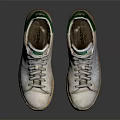 White Worn Classic Sneakers With Green Accents And Lace Up Design