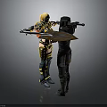 Golden Armored Female Character And Black Armored Creature With Weapon Shield In Confrontation Pose
