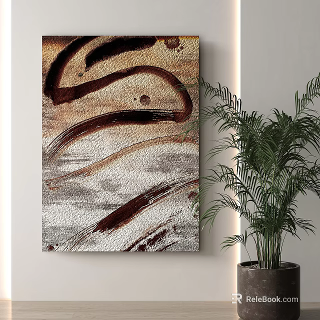 Square Carpet With Abstract Brown Beige Gray Pattern And Green Plant Decor 3d model