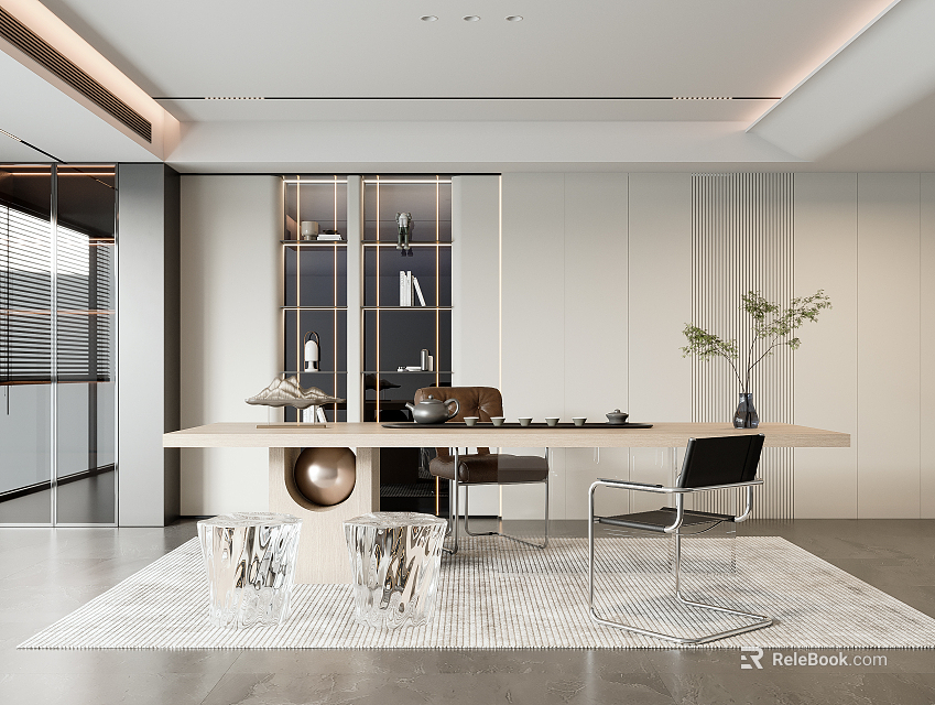 Modern Tea Room Interior Design With Wooden Table Tea Sets And Green Plants 3d model 