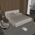 Modern Double Bed With Light Gray Bedding Nightstand Lamp And Chair On Wooden Floor