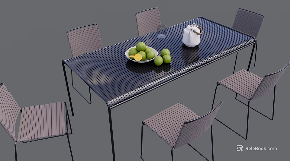 Stylish Outdoor Table With Chairs Limes Lemon Slices White Teapot And Glass 3d model 