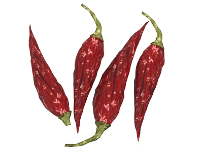Dried Red Chili Peppers with Green Stems and Vibrant Color Isolated on White Background 3d model