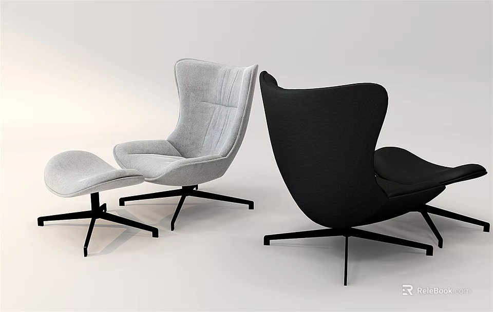 Modern Light Gray And Black Leisure Chairs With Curved Backrest Metal Legs And Ottoman 3d model 
