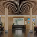 Visitor Center Interior With Wooden Ceiling Large Windows Reception Desk Map And Decorative Paintings