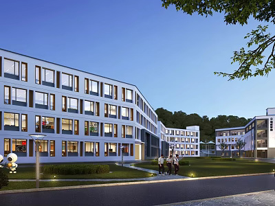 Modern School Building with Large Windows White Facade Green Lawn and Trees 3d model