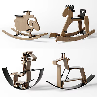 Wooden Building Blocks Rocking Horse Toys with Various Animal Shapes for Kids 3d model
