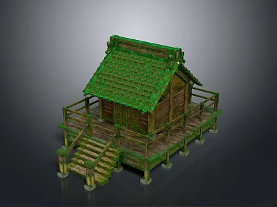 Traditional Wooden House Featuring Green Tiled Roof And Elevated Wooden Balcony Stairs 3d model