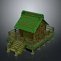 Traditional Wooden House Featuring Green Tiled Roof And Elevated Wooden Balcony Stairs