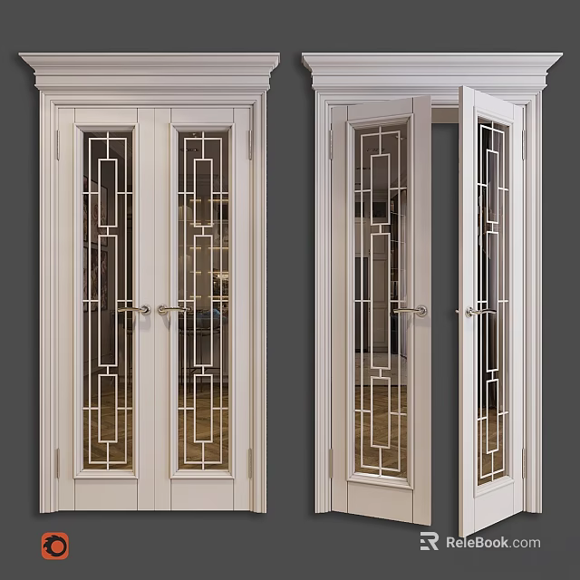White Interior Double Doors With Glass Panels And Geometric Patterns Design 3d model 