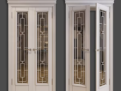 White Interior Double Doors With Glass Panels And Geometric Patterns Design 3d model