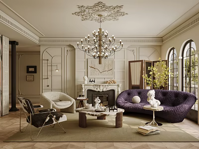 Elegant Retro French Living Room Design With Luxury Chandelier Curved Sofa And Classic Fireplace Decor 3d model