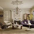 Elegant Retro French Living Room Design With Luxury Chandelier Curved Sofa And Classic Fireplace Decor