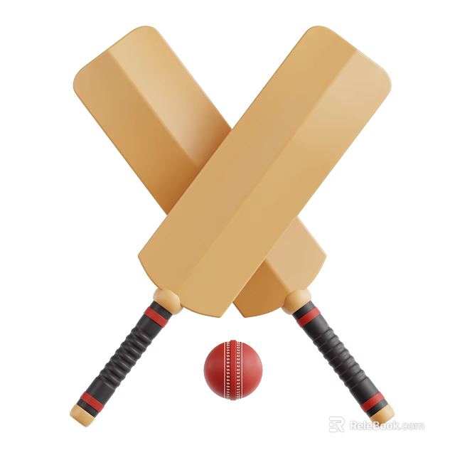 High Quality Cricket Sports Equipment With Crossed Bats And Red Ball 3d model 
