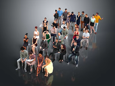 Large Group of Diverse People Standing and Sitting Together in Social Gathering 3d model