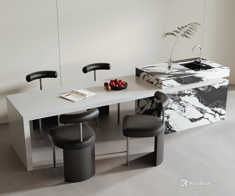 Modern White Long Table With Black Stools Marble Island Plant And Fruits 3d model 
