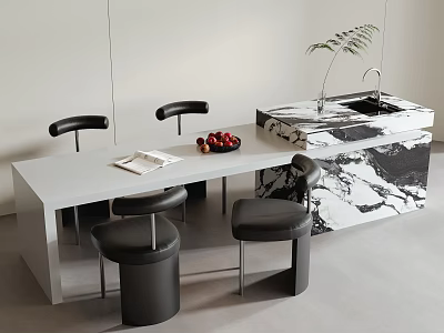 Modern White Long Table With Black Stools Marble Island Plant And Fruits 3d model